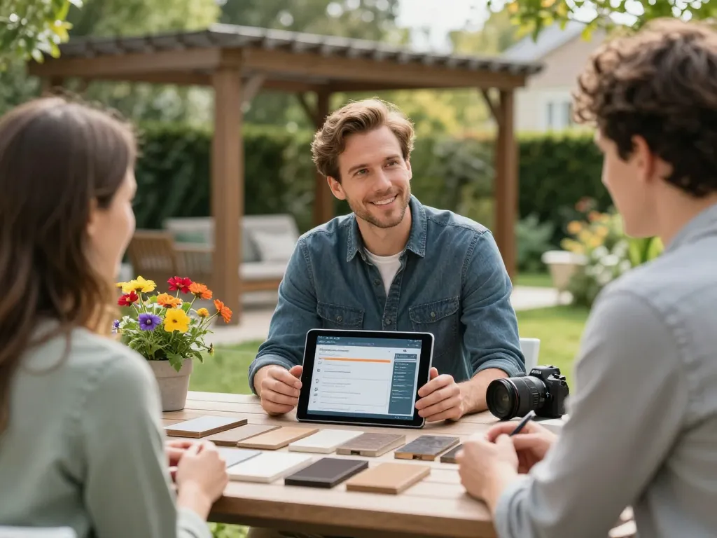 Interactive session using an All-in-One pergola Configurator in a beautiful outdoor garden.