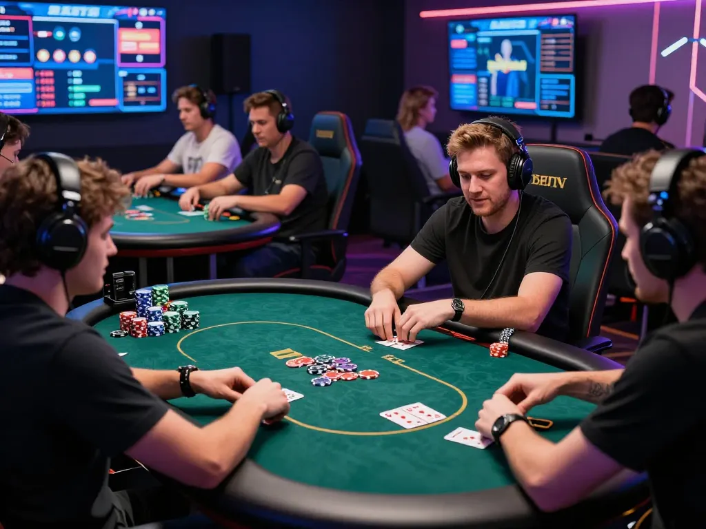Exciting IDN poker gaming session with diverse players, colorful chips, and vibrant digital interface, showcasing competitive atmosphere.