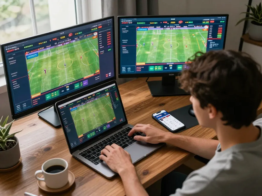 Engaging in sports betting on 78win with multiple screens showing live odds analysis