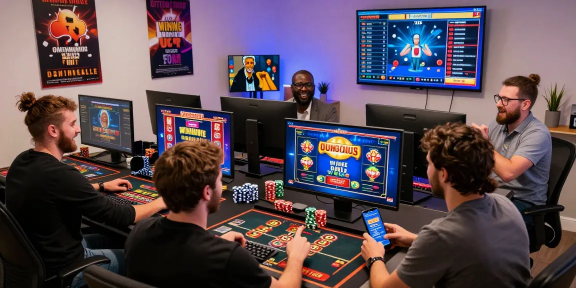 Les joueurs profitant du casino en ligne argent réel chez eux, célébrant des victoires avec des affichages de jeux vibrants.