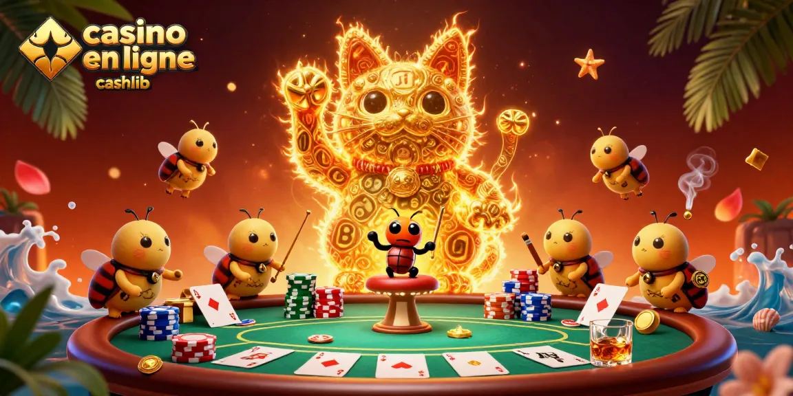 Casino en ligne cashlib, jeu dynamique avec des feux follets dorés en forme de chat porte-bonheur au milieu de jetons de poker colorés.