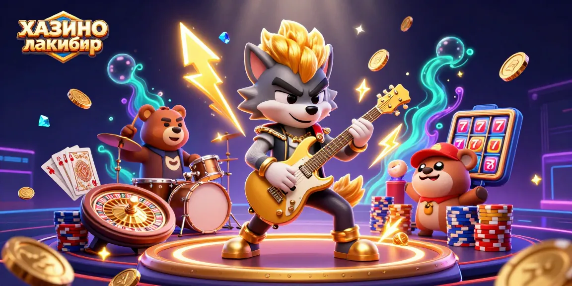 Experience the excitement of казино лакибир with a vibrant 3D illustration of a rock star wolf and drummer bear.
