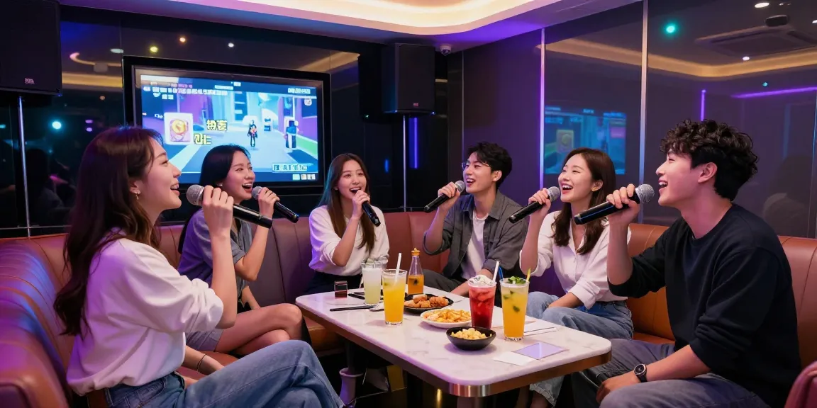 강남쩜오의 고급스러운 가라오케 라운지에서 친구들과 함께 즐거운 시간을 보내고 있는 모습
