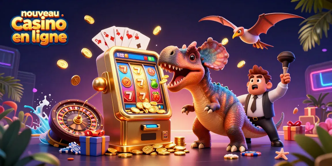 Une scène ludique représentant un nouveau casino en ligne avec des dinosaures et des machines à sous.
