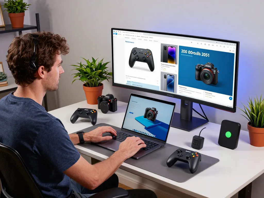 Showcasing the top 10 tech gadgets 2051 in a modern workspace with Bluetooth devices and tech accessories.