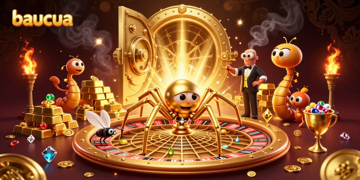 Baucua: Spin the roulette web with a golden spider while placing bets in a vibrant casino setting.