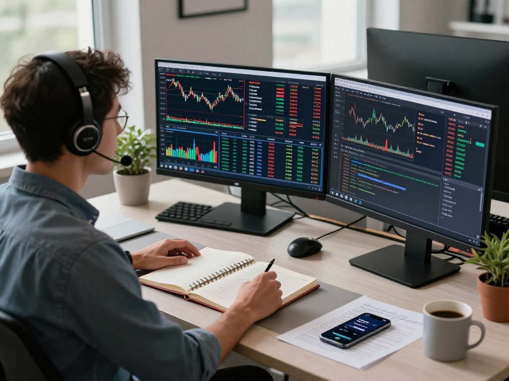 交易者在TradingView官网上使用多显示器进行市场分析，展示金融图表与数据。
