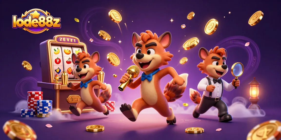 Engage with lode88z's vibrant comedy casino club featuring hyenas, slot reels, and sparkling gems.