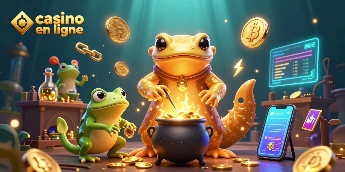 Jeux de casino en ligne : alchimiste et grenouille créent des pièces d'or sous les effets de la blockchain.