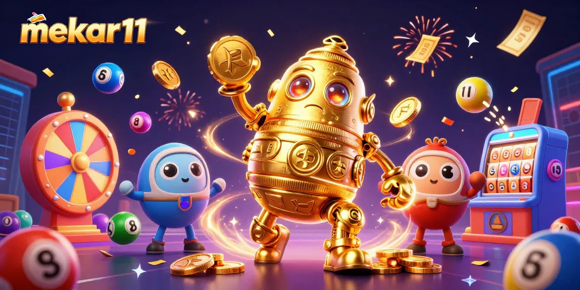 Mekar11 showcases a vibrant 3D ancient golden golem surrounded by lottery elements and dynamic prize visuals.