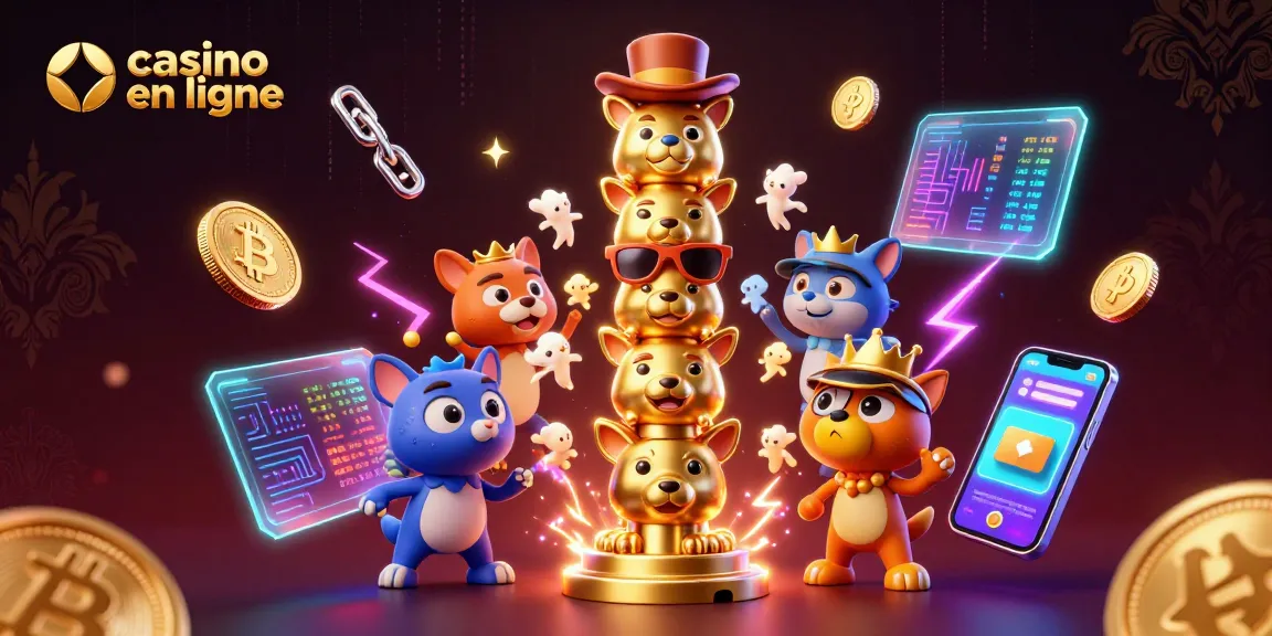 Découvrez une illustration dynamique de casino en ligne avec un totem en or et des éléments de cryptomonnaie.