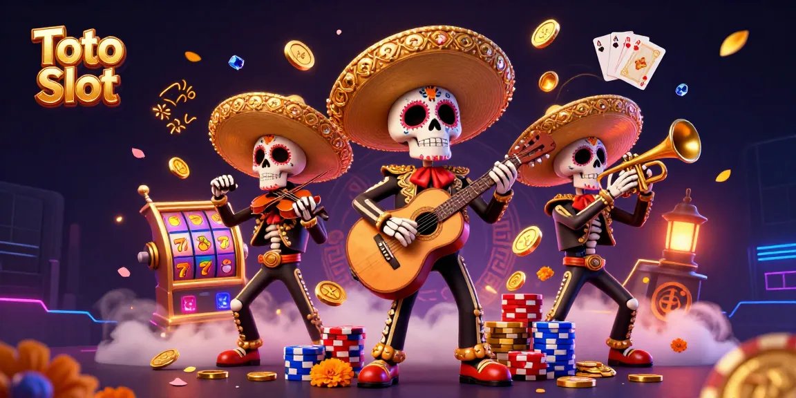 Toto Slot menawarkan kemeriahan dunia permainan kasino dengan band mariachi karakter kartun menari di antara simbol keberuntungan.