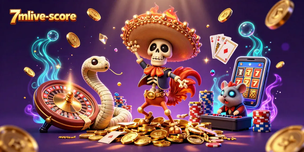 Engage with 7mlive-score through a vibrant 3D casino illustration showcasing a festive mariachi rooster surrounded by exciting gambling elements.