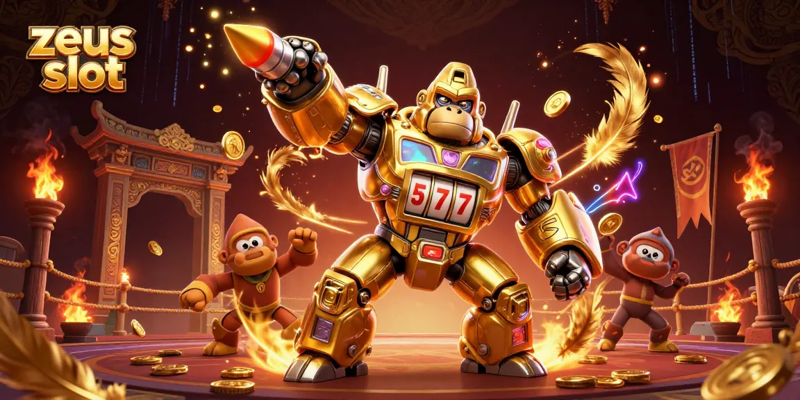 Experience thrilling gameplay with zeus slot as golden gorilla mech and monkey pilot explode with winning coins.