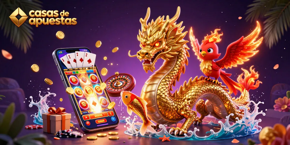 Descubre las casas de apuestas con este vibrante dragón y elementos de juego, ¡atrévete a ganar!