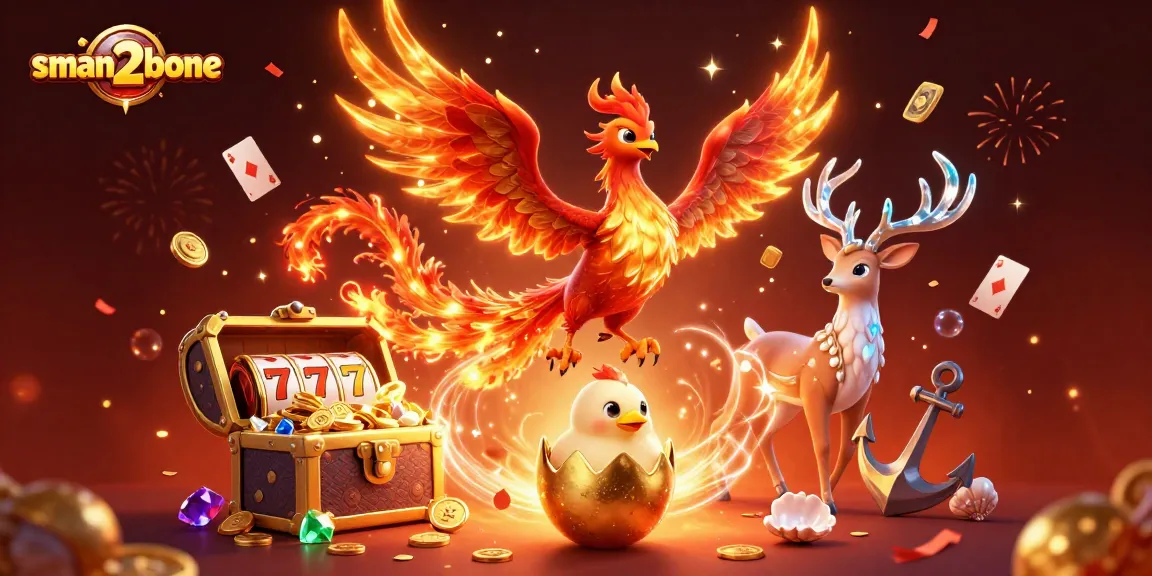 visualisasi permainan slot 3D sman2bone dengan phoenix berapi dan kekayaan yang bersinar.