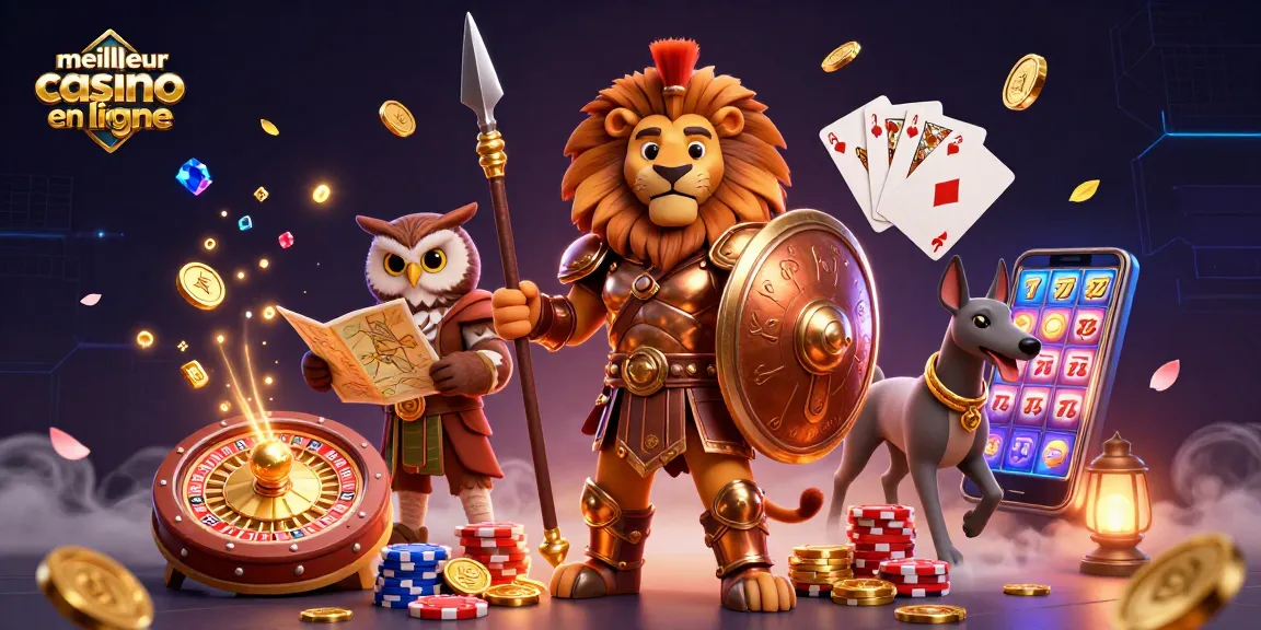 Découvrez le meilleur casino en ligne avec un lion spartiate en 3D, sous un fond de jetons scintillants.