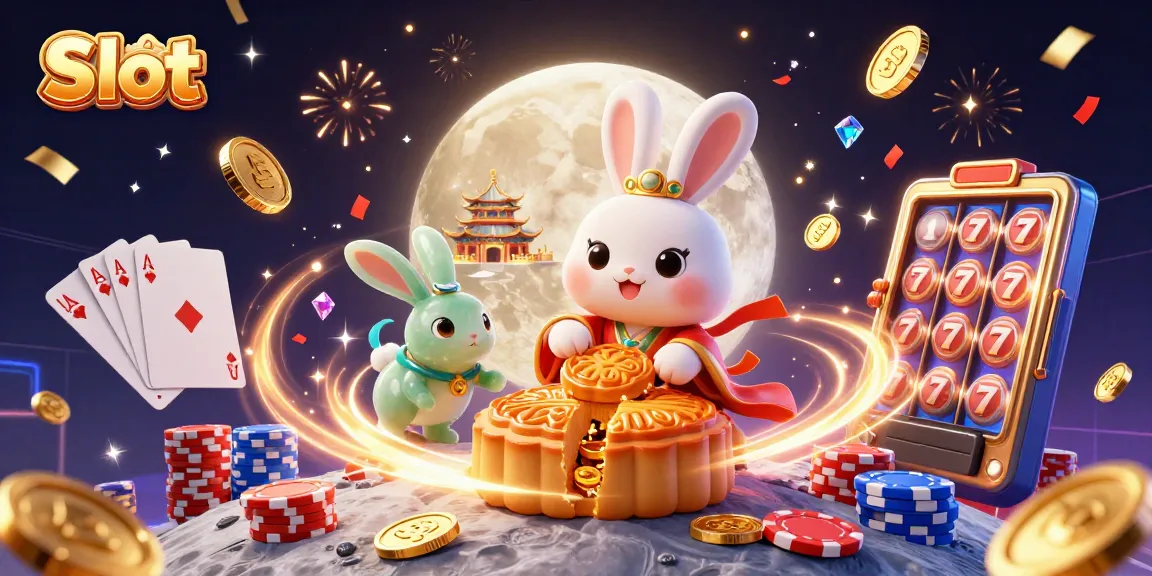 Slot permainan dengan kelinci bulan menghancurkan kue bulan berkilau dan chip poker di latar belakang berwarna gelap.