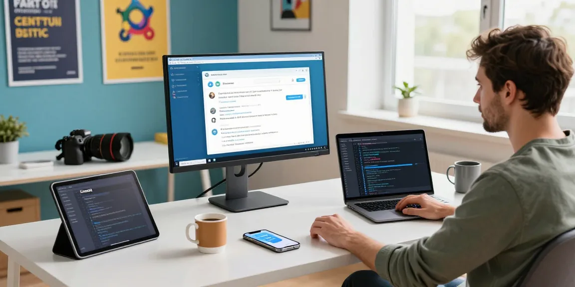 Explore the features of Telegram Download in a modern tech workspace with developers and gadgets.