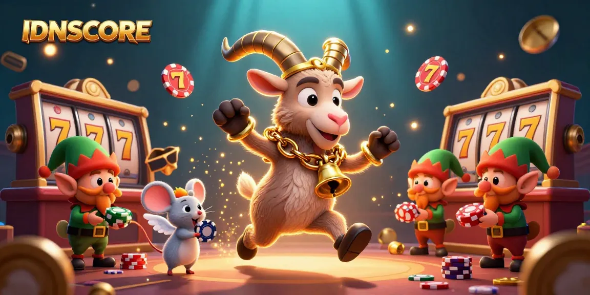 IDNSCORE showcases an exciting casino illustration with festive characters and dynamic gaming elements.
