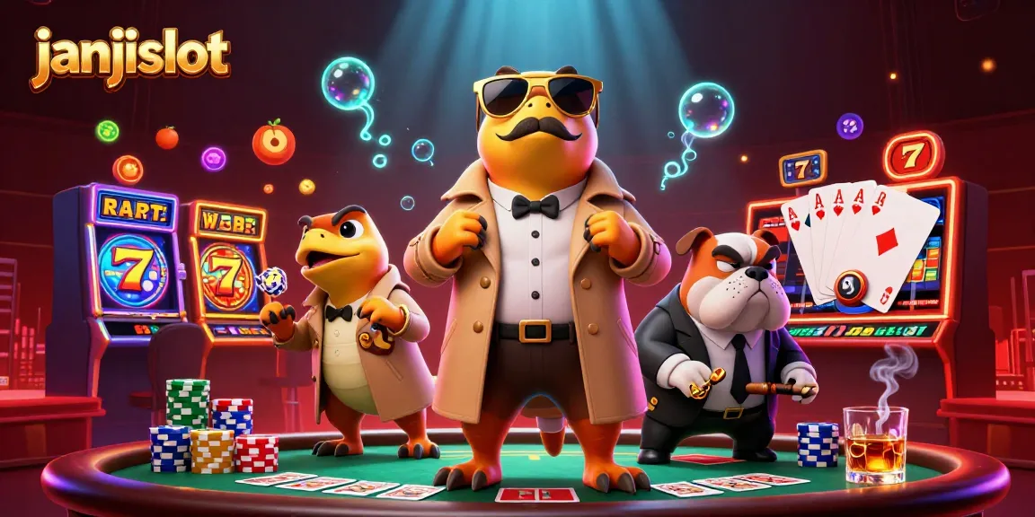 janjislot engages in casino fun with cartoon raptors and slot reels in a vibrant scene