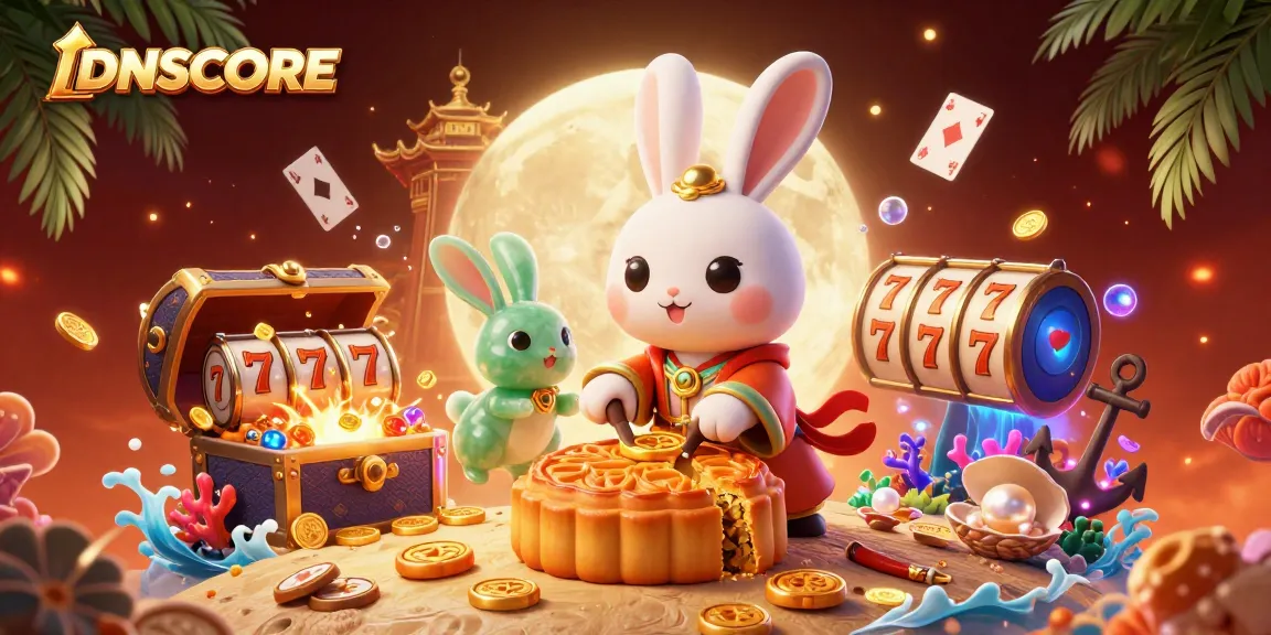 IDNSCORE offers a thrilling gaming adventure with slot games and dynamic poker chips bursting from mooncakes.