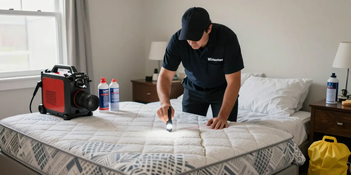 Professional bed bug exterminator inspecting a bedroom in Milwaukee using a flashlight and pest control equipment.