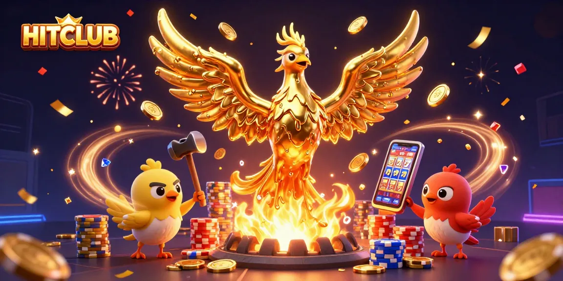 Engage with HITCLUB through explosive casino excitement featuring vibrant 3D golden phoenix in a dynamic gaming scene.