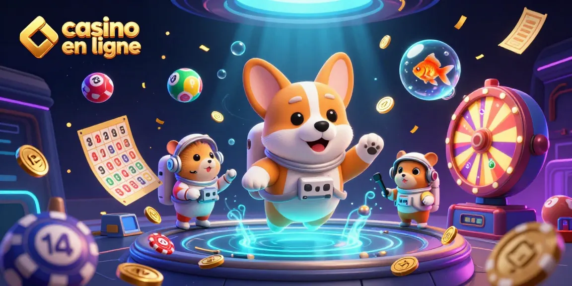 Illustration d'un casino en ligne avec un corgi astronaute flottant et des billets d'or