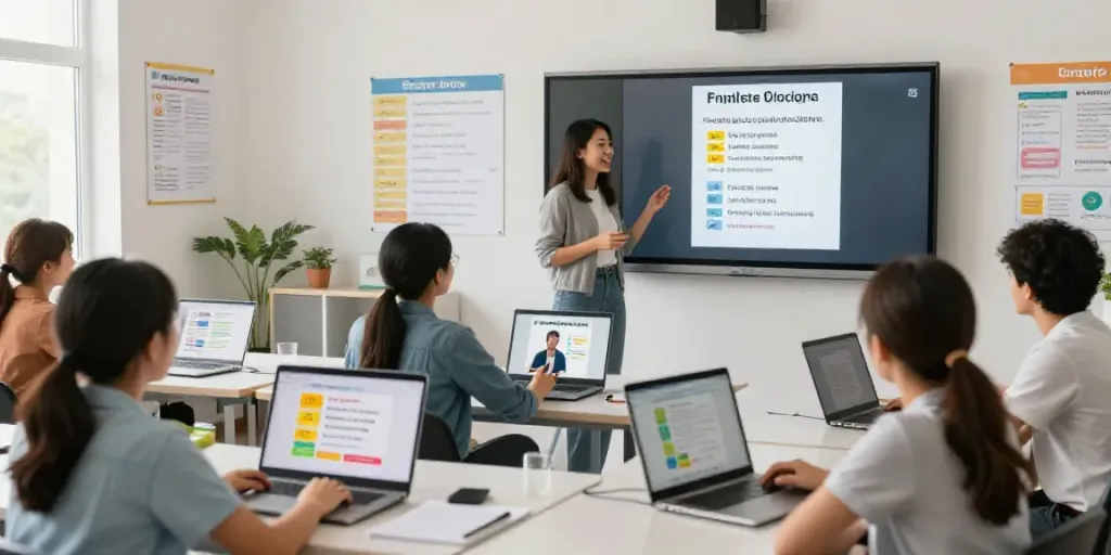 Interactive online English course session with diverse learners engaged in language practice and real-time instruction, highlighting Situs togel education.