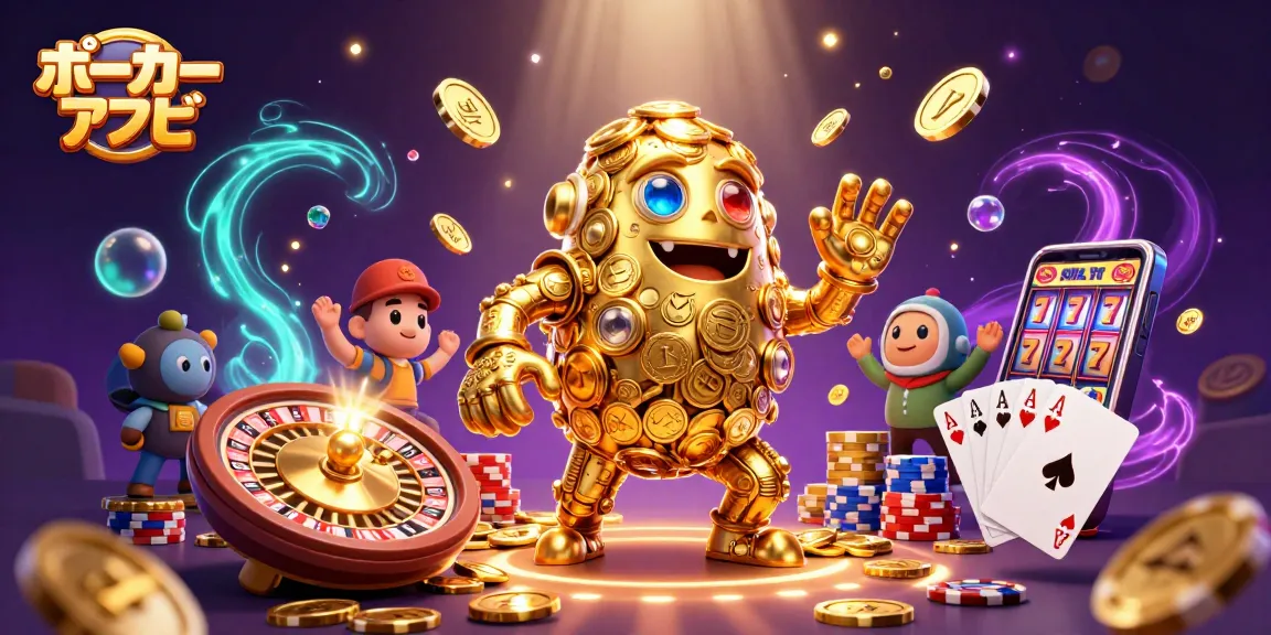 ポーカー アプリで楽しむため、魅力的なポーカー体験を演出する黄金のゴーレムとスロットシンボルが華やかに輝くシーン