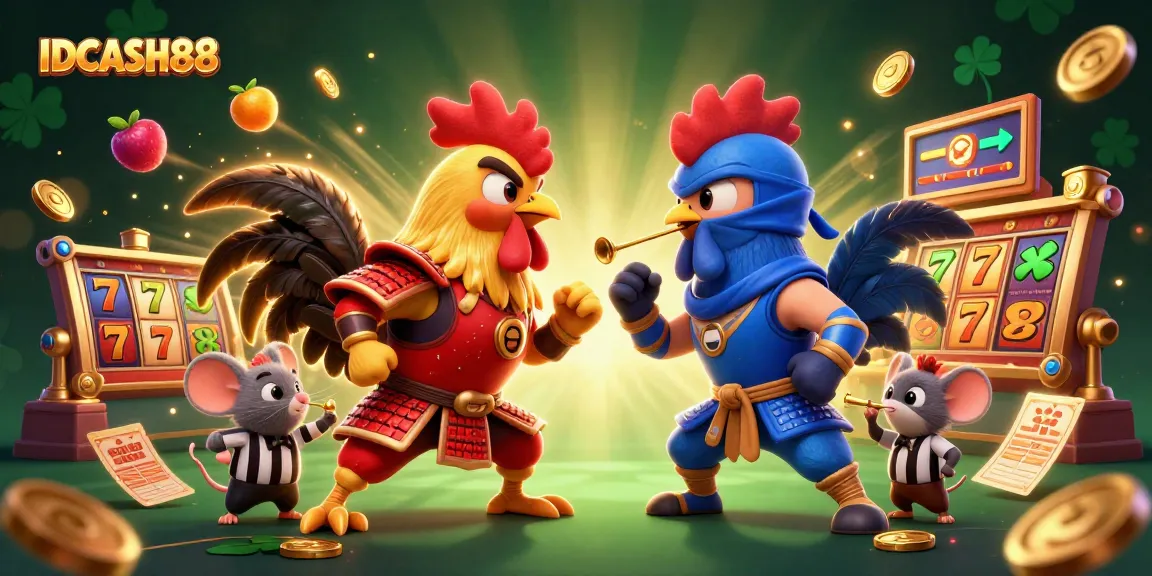 Engage with IDCASH88's exciting slot games in a vivid cartoon battle of roosters.