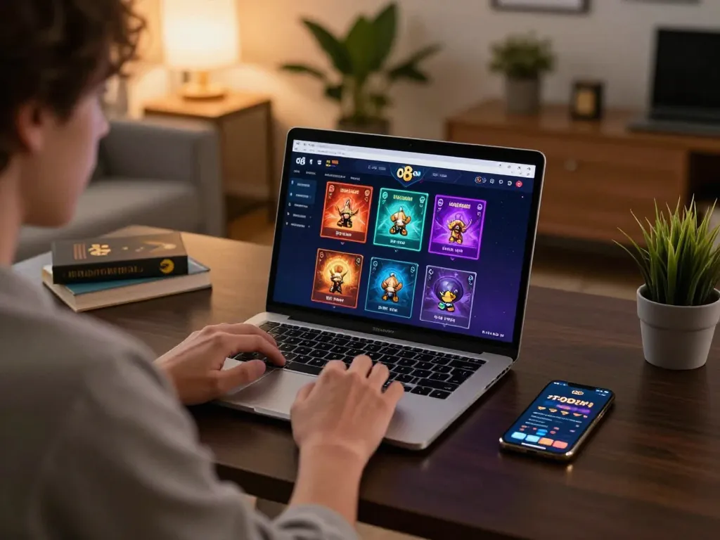 Player engaging with online games at o8 com on laptop while surrounded by a cozy home office setup.