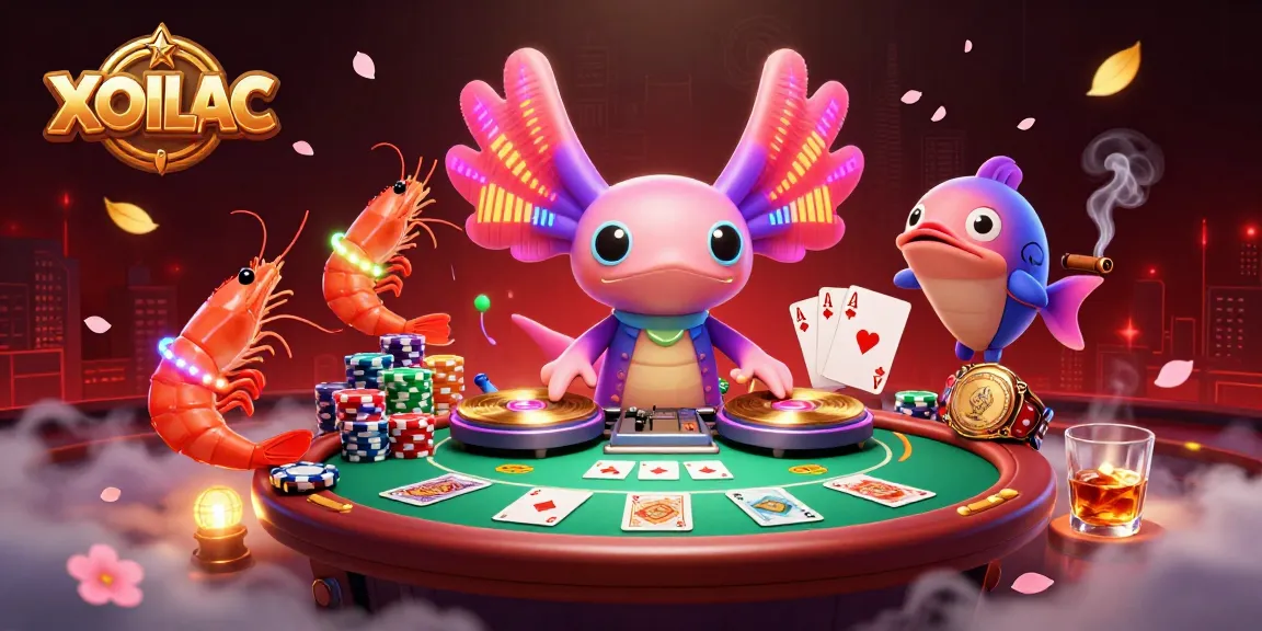 Join XOILAC live-action as the neon axolotl DJ spins records amid a vibrant poker scene.