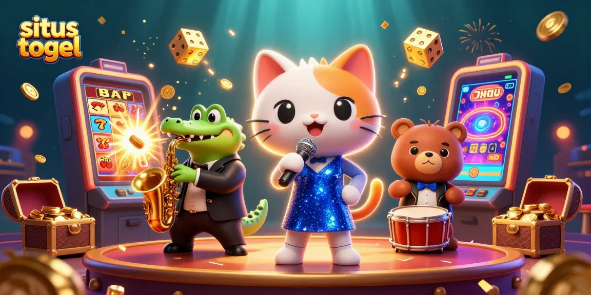 Engage with exciting situs togel moments, showcasing a vibrant casino scene filled with colorful games and animated characters.