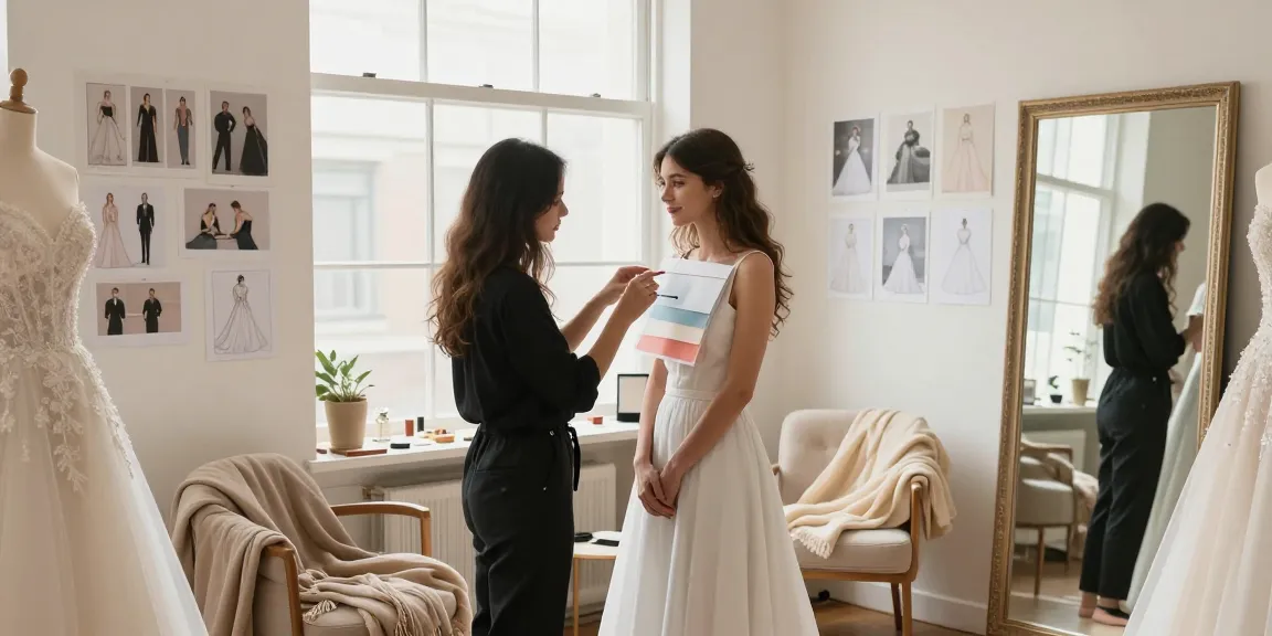 Consulenza di bridal styling in un ambiente accogliente per la sposa con tessuti e accessori