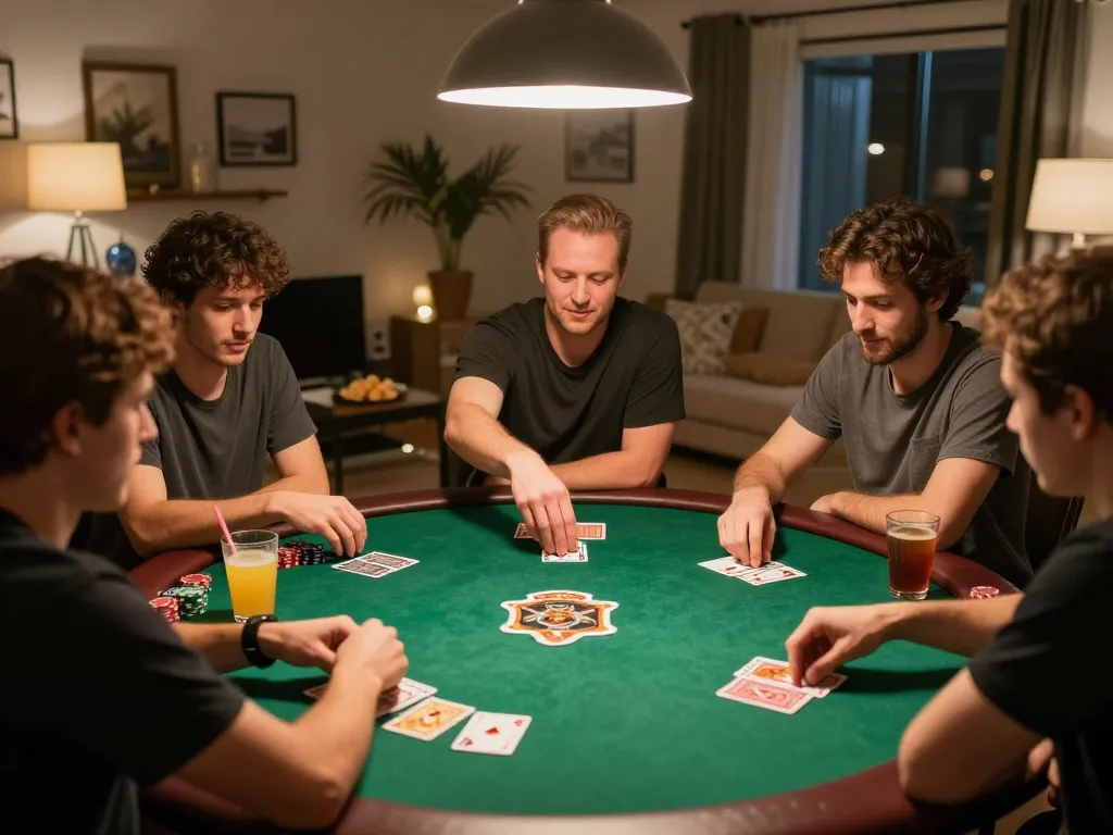 Friends enjoying a competitive poker game at home, emphasizing O8's thrilling gameplay experience.