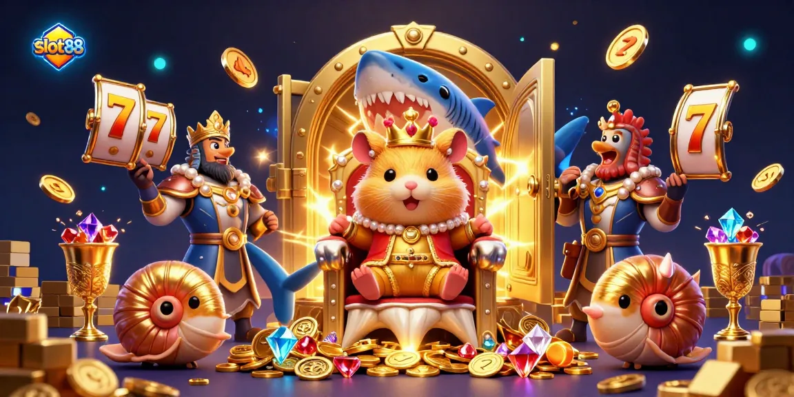 Experience excitement with slot88, showcasing a golden hamster king amidst dynamic casino visuals.