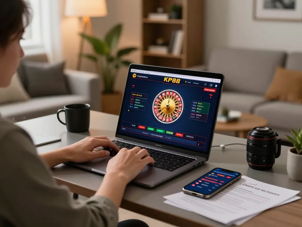 Engaging in live dealer games on KP88, a dynamic home gaming setup showcasing an exciting online casino atmosphere.