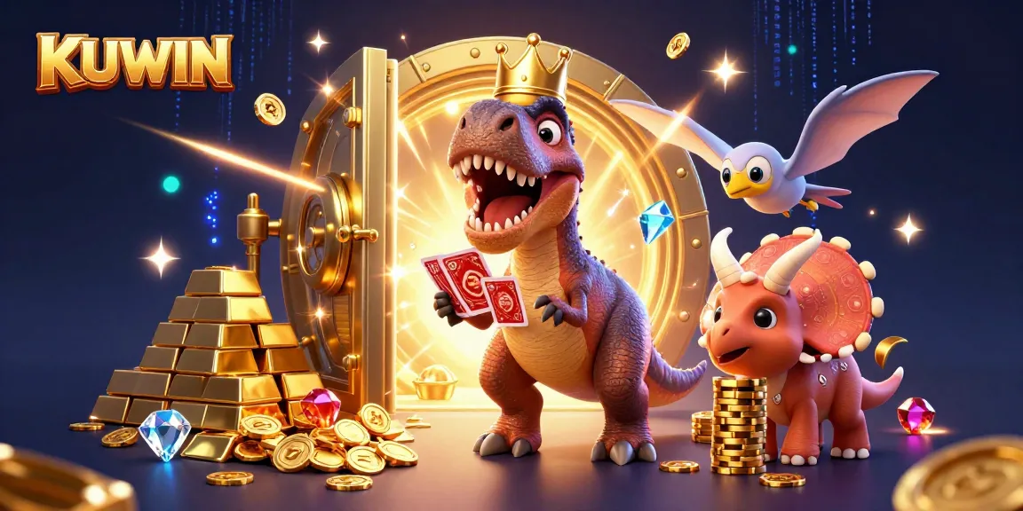 Kuwin showcases exciting gambling fun with a T-Rex card-shuffling, while treasure bursts from a vault.