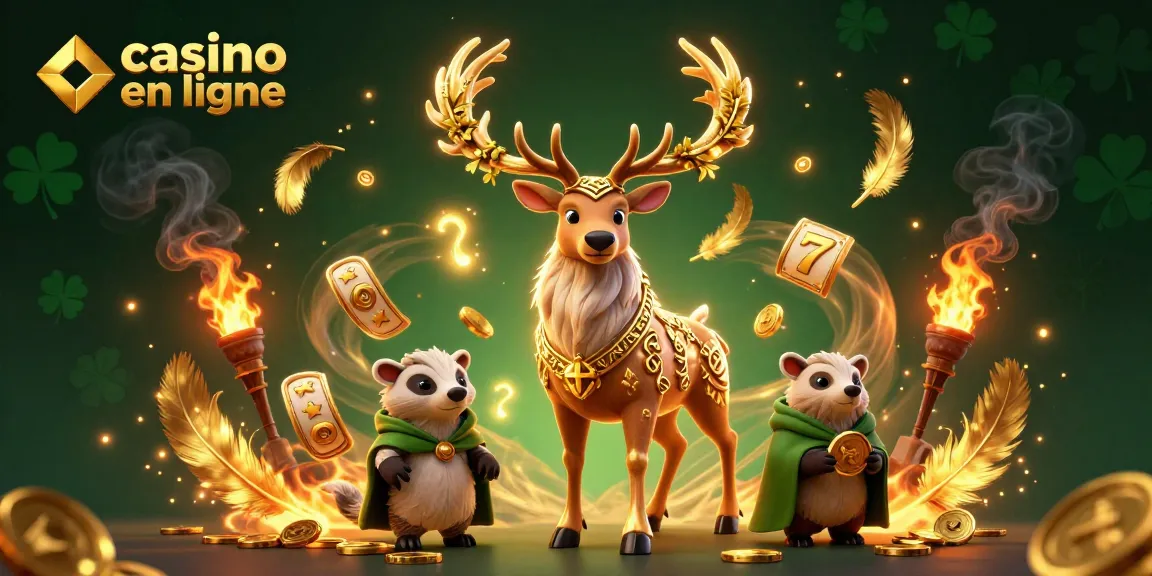 Casino en ligne : illustration dynamique d'une scène de jeu avec un druide, un blaireau et des éléments de machines à sous.