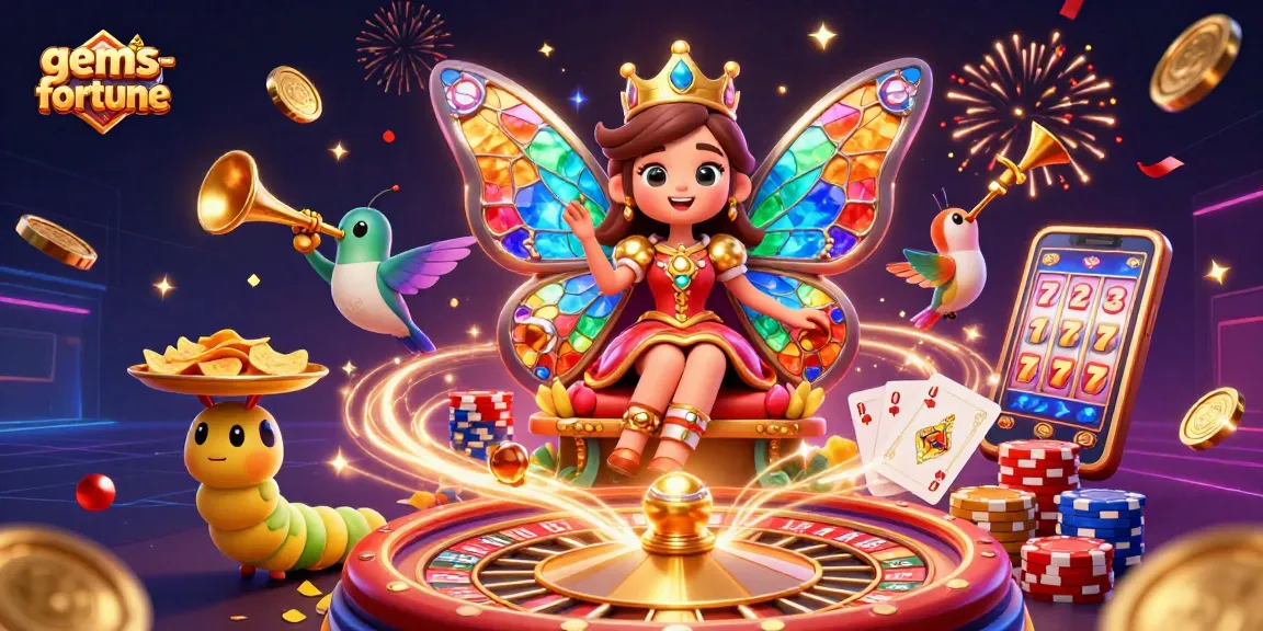 Experience gems-fortune with a dazzling scene of our butterfly queen amidst vibrant casino elements!