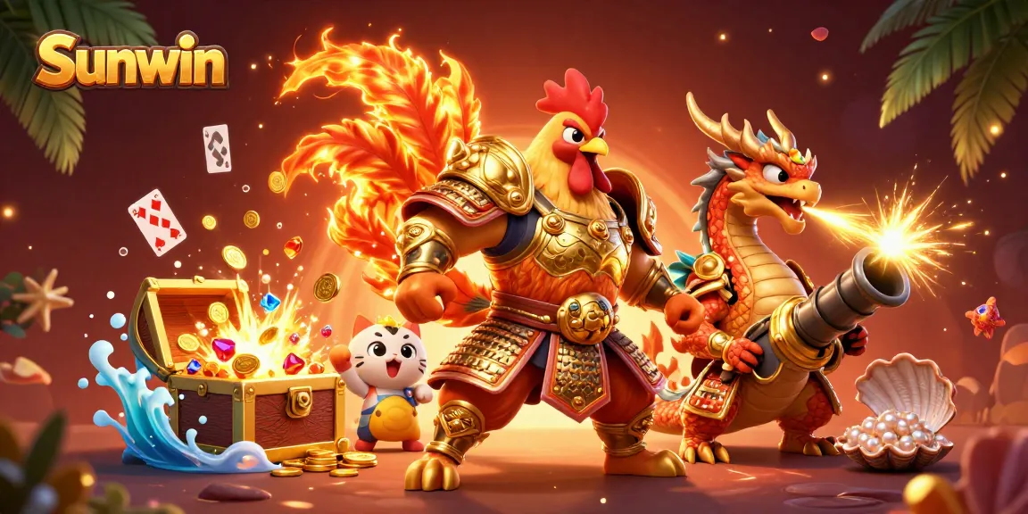 Engage with the captivating world of Sunwin, where a powerful rooster warrior and dragon hatchling celebrate gambling adventures.