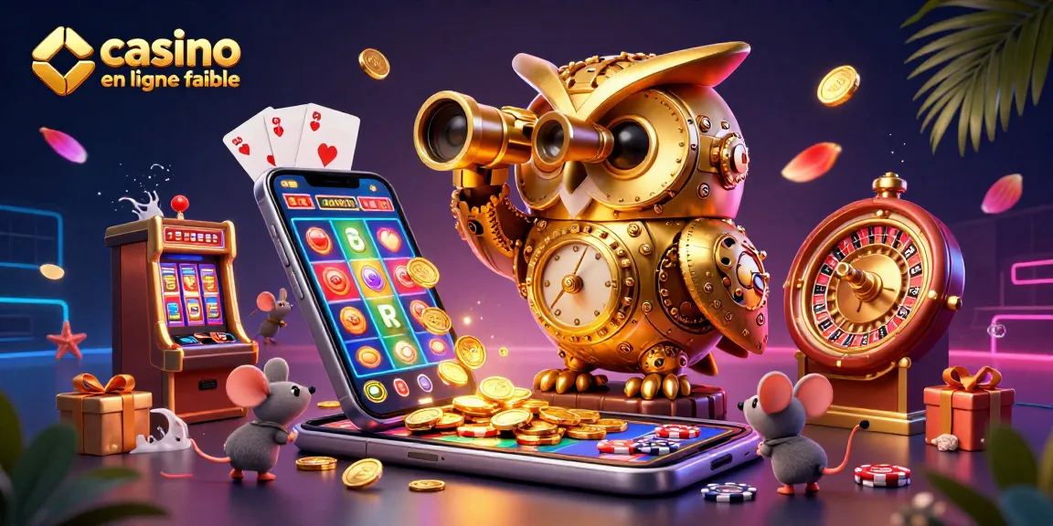 Visualisez un casino en ligne fiable avec une chouette en or et des souris inspectant des machines à sous.