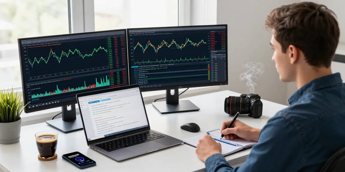 Trader using mt4 platform with multiple monitors for forex trading analysis, featuring real-time charts and technical indicators.