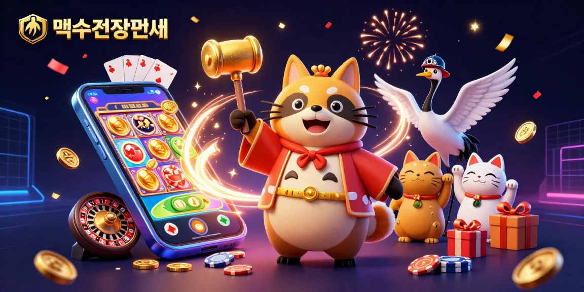 먹튀검증업체 로고와 함께 전통 일본 의상을 입은 3D 만화식 tanuki가 행운의 금색 망치를 들고 있는 모습