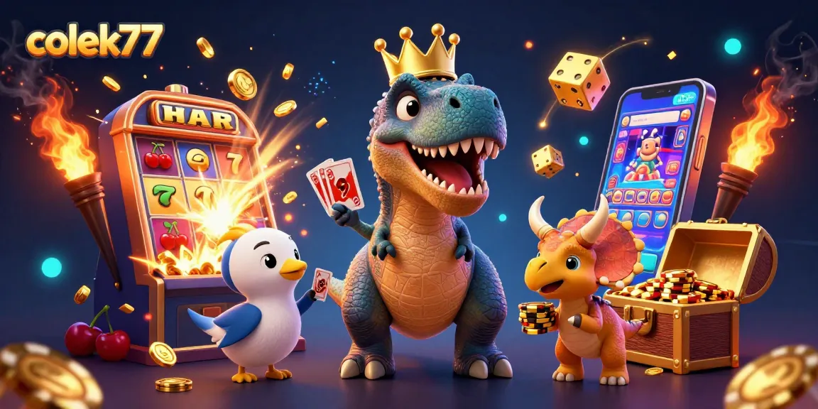 Experience excitement with colek77's vibrant 3D casino scene featuring playful dinosaur characters and abundant winnings.