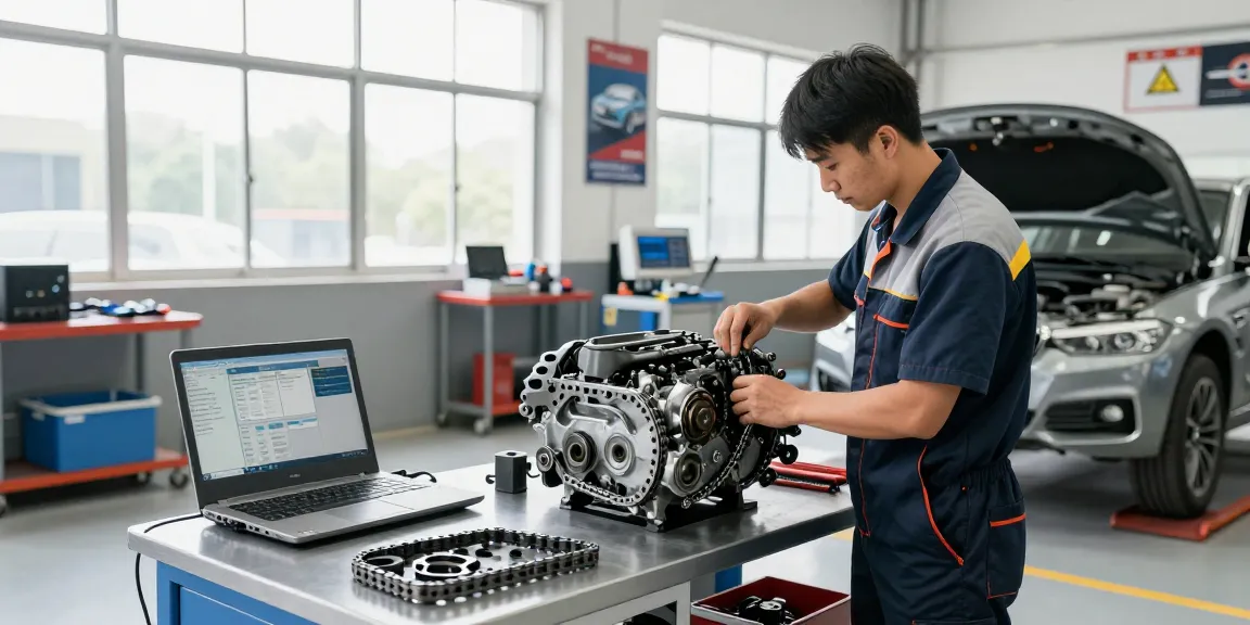 Professioneller BMW Steuerkette wechseln in einer modernen Werkstatt.