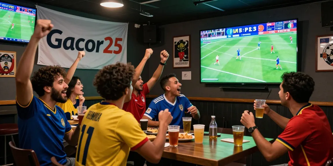 Enthusiastic soccer fans enjoying the World Cup match, showcasing Gacor25 betting experience in a lively sports environment.