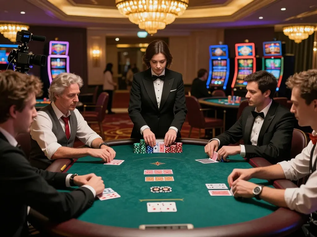 Players strategizing at a poker table in a luxurious casino environment showcasing LC88's premium gaming experience.